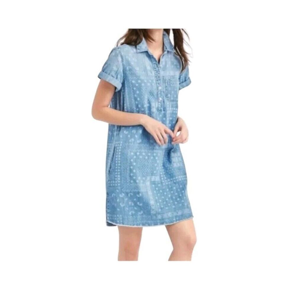 Gap Womens Blue Denim Paisley Bandana‎ Pattern Popover Dress Pockets XS